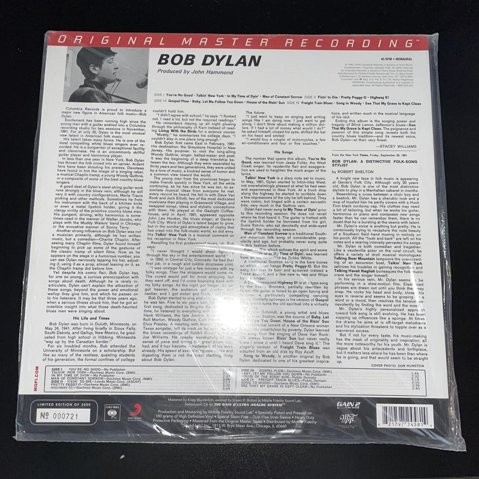 Bob Dylan SELF TITLED DEBUT MONO, MOFI MFSL, 180g 45rpm Limited Ed Numbered New