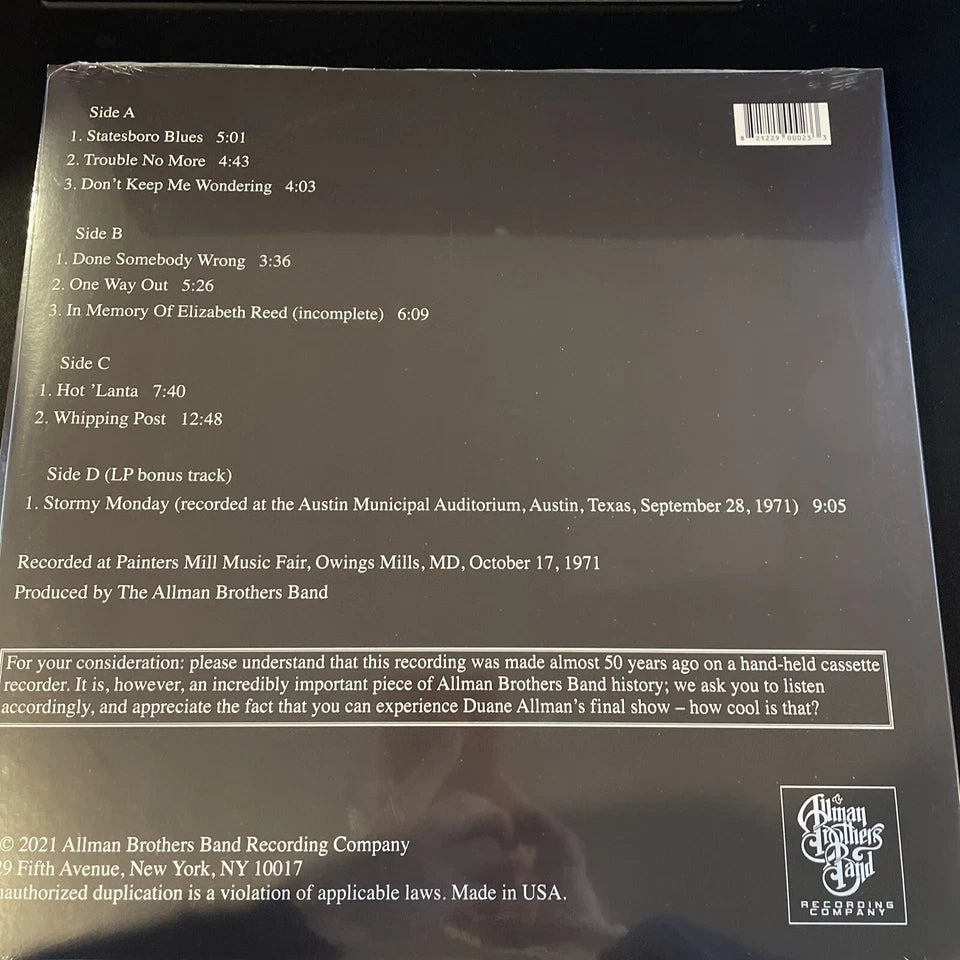 Allman Brothers Band THE FINAL NOTE Black & White Swirl vinyl, #’d ltd RSD PRESS